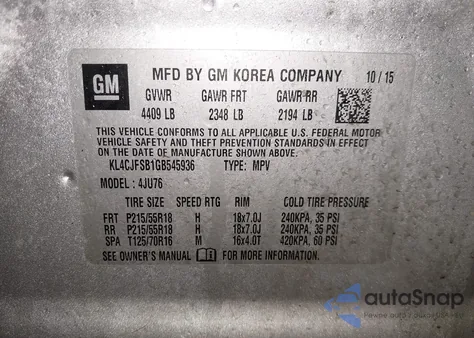 2016 Buick Encore Convenience z USA, uszkodzony, nr VIN KL4CJFSB1GB545936